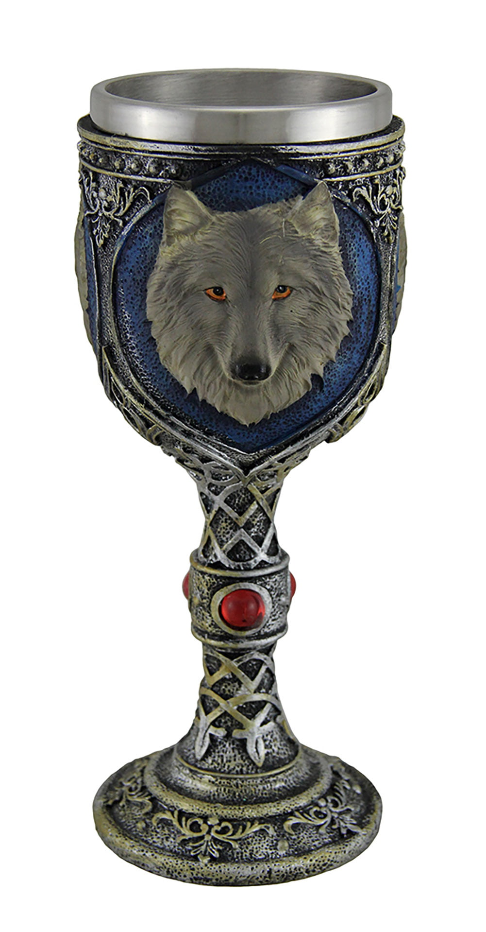 Metallic Tribal Finish Grey Wolf Head Wine Goblet with Stainless Steel Liner 