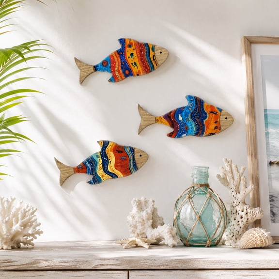 3 Pack, Fish Wall Decor 7 Inch Wooden Wall Art Decor Coastal Wall Art Ocean Wall Decor Colorful Wall Decor for Home Bathroom Bedroom and Living Room, Hanging Tropical Nautical