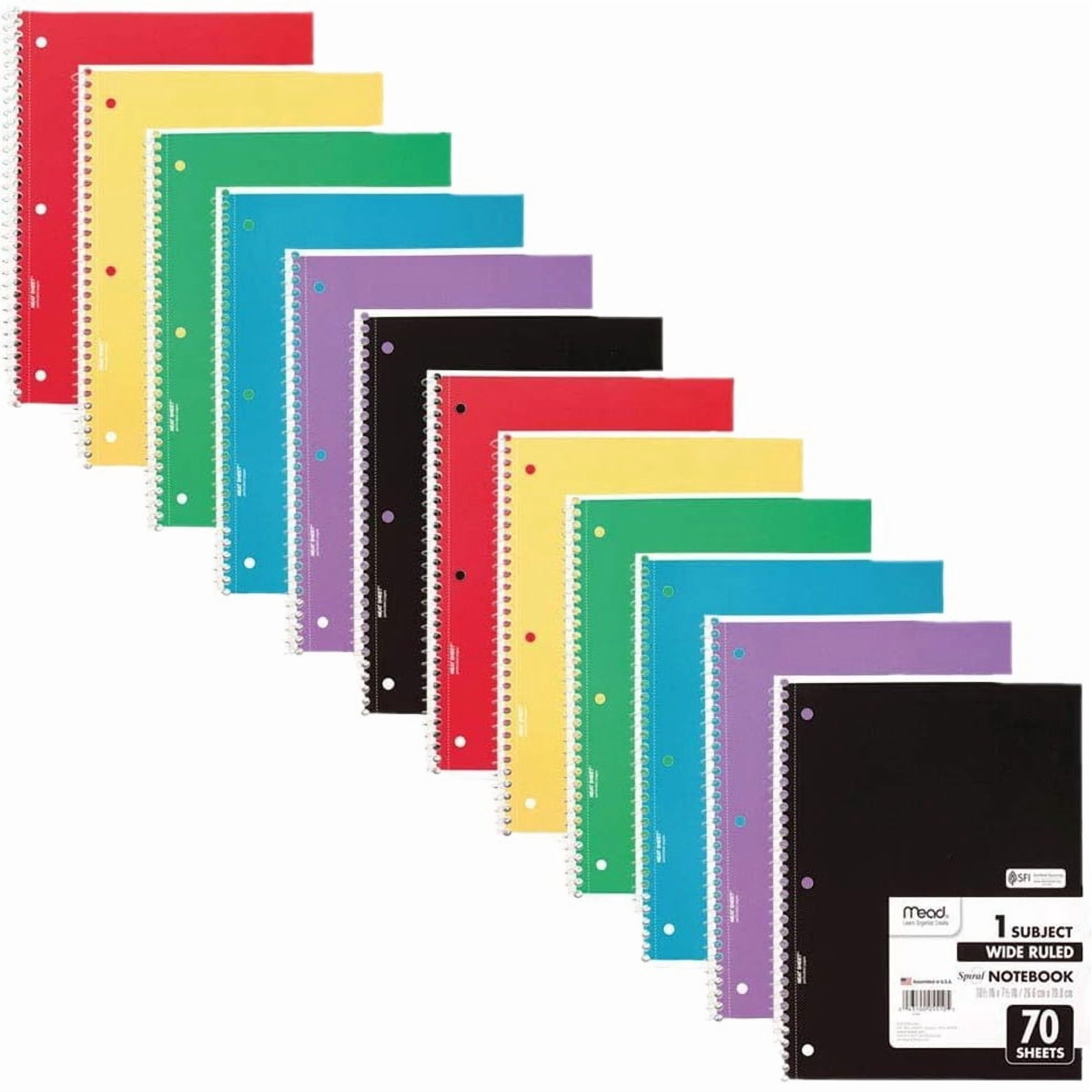 Wide Folio Notebook, 6-Pack, Long-Lasting, Extra Pages - 70, Bleach-Free Thick Paper, 3-Hole Punched, 8x10-1/2, Spiral Notebook for Schools, Homes and Offices