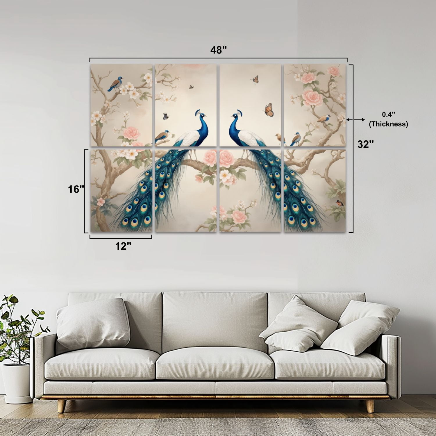 Vintage 8 Pack Art Acoustic Panels Sound Absorbing Peacock Birds Vibrant Feathers Floral Decorative Soundproof Wall Panels Self Adhesive for Nursery Game Room Bedroom 48"x32"