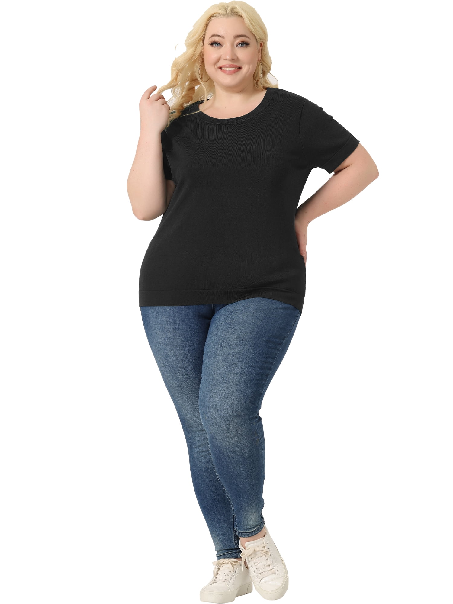 Unique Bargains Women Plus Size Tops Basic Round Neck Short Sleeve Knit Tee Blouses 4X Black