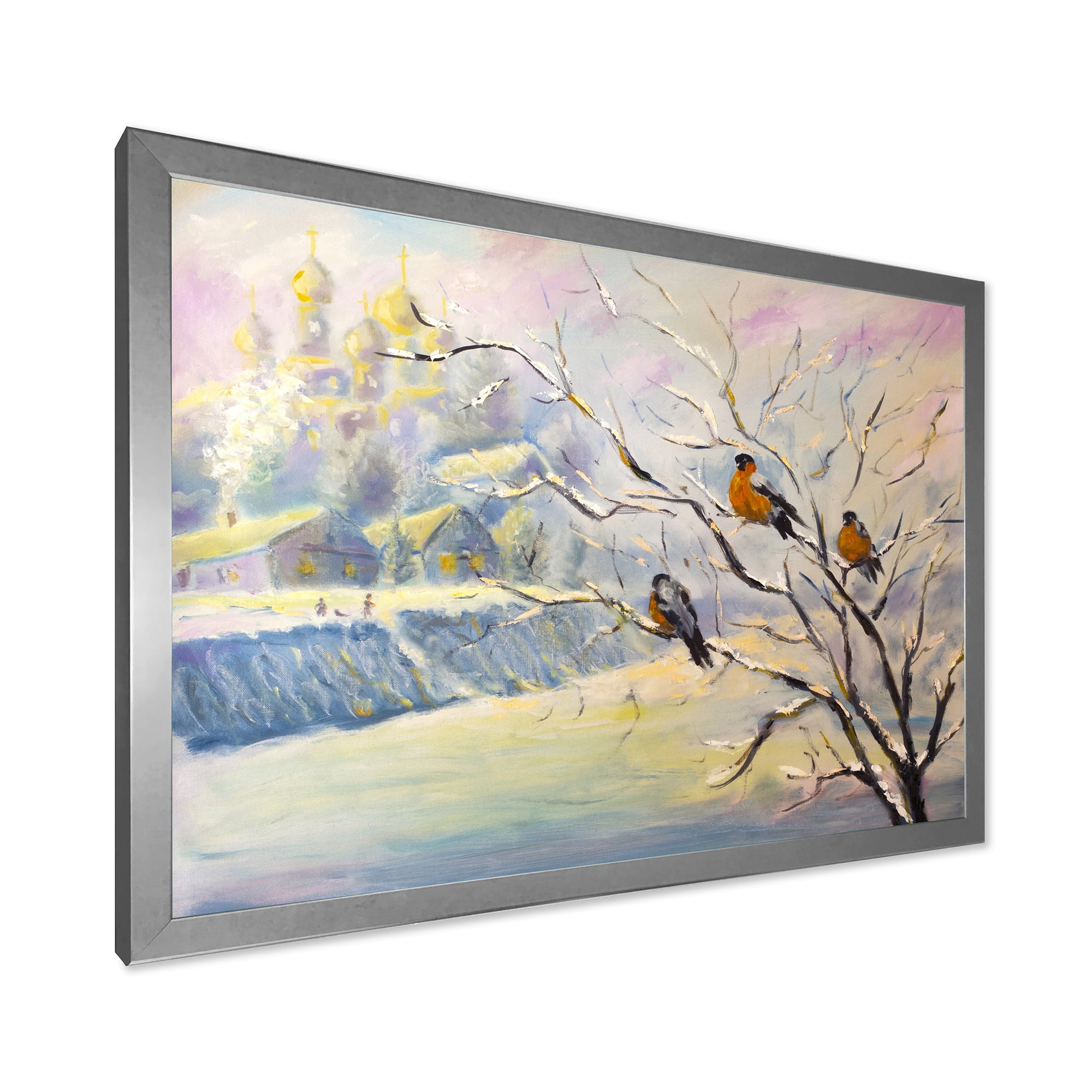 Designart 'Rustic Birds Sitting On A Tree In Winter Village' Farmhouse Framed Art Print