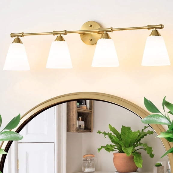 Deyidn Gold 4-Light Modern Bathroom Vanity Light - 33.86-Inch Dimmable Bathroom Light Fixture with Milky White Glass Shades for Mirror Lighting