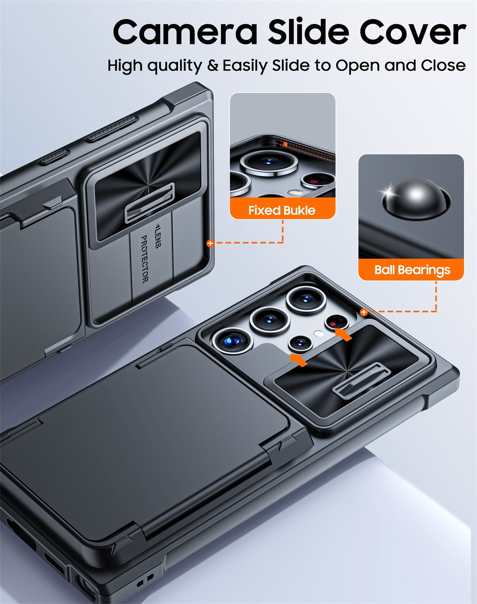 Vizvera for Samsung Galaxy S24 Ultra Phone Case with RFID Cards Holder (Store 4 Cards)&Camera Cover & Kickstand,Shockproof Silicone Case-Black