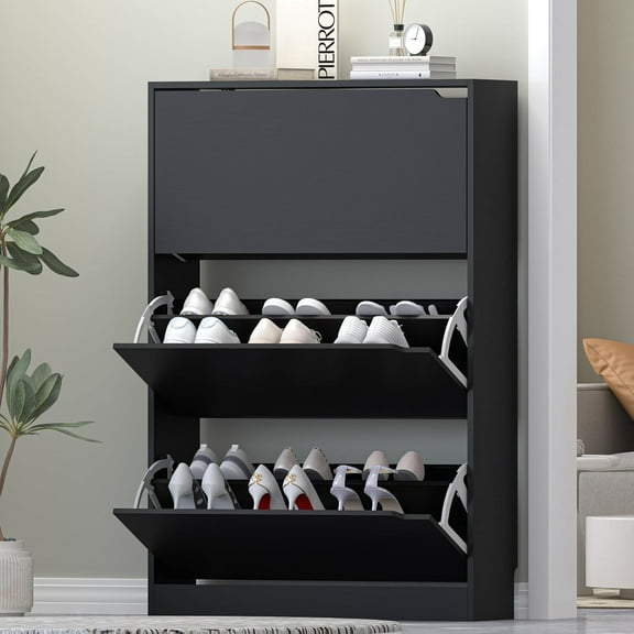 Shoe Storage Cabinet for Entryway, Black Shoe Cabinet with 3 Flip Drawers Hidden Shoe Storage Modern Shoe Rack Storage Organizer for Entryway,Closet, Living Room,Hallway…