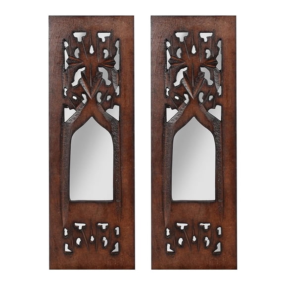 The Wooden Town Wooden Jharokha Wall Decor Set of 2 with Mirror, Burnt Finish Hanging Wall Plaques 12x4 Inch