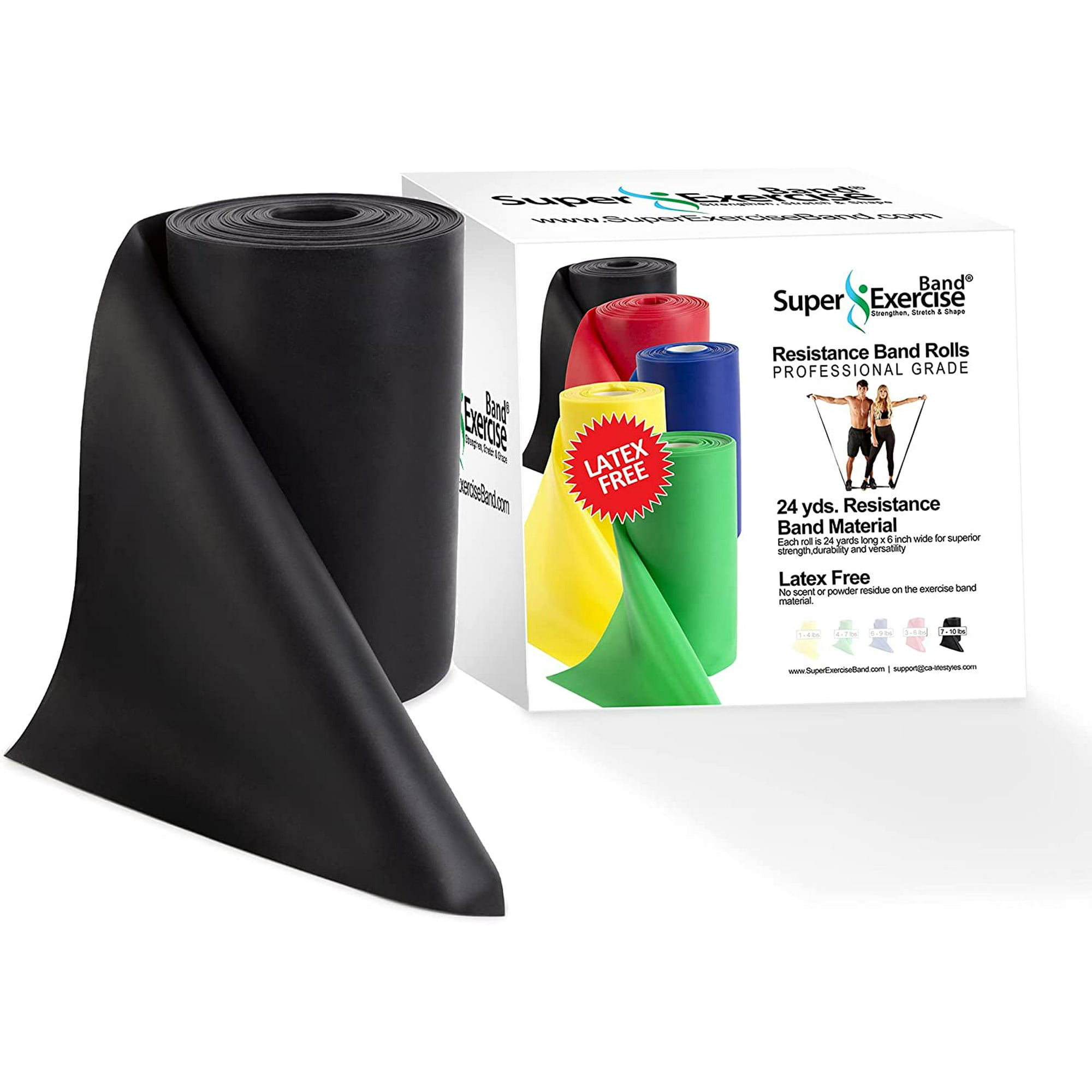 Super Exercise Band USA Latex Free Resistance Bands in 8 16 and 24 Yard Bulk Rolls. iPhone App and E Book Included. 10 Strengths in Light Medium or Heavy for Training Physical Therapy and