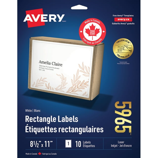 Avery White Rectangle Labels, TrueBlock, 11" x 8 ½", for Laser and Inkjet Printers - 5965