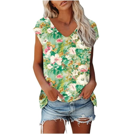 

Green Tops for Women summer tops for women Women s Fashion Comfortable Casual V-Neck Short Sleeve Print Top Blouse Work Blouse Green XXL