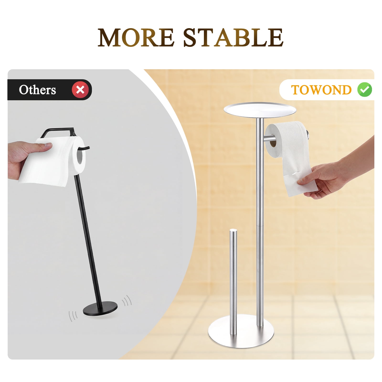 Towond Toilet Paper Holder Stand with Top Storage Shelf, 304 Stainless Steel Toilet Paper Roll Holder Free Standing for 4 Rolls , White