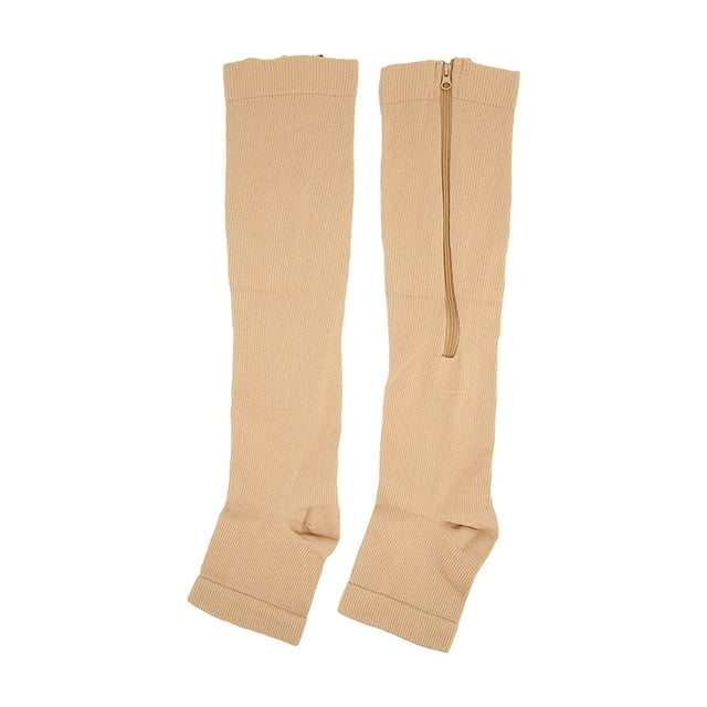 HUGFEGWE Compression Stockings Leg Support Hosiery Knee High Socks with Zipper for Blood Circulation, Open Toe Compression Stockings for Shape Beautiful Legs(L/XL-Skin Color) CJB91-44004