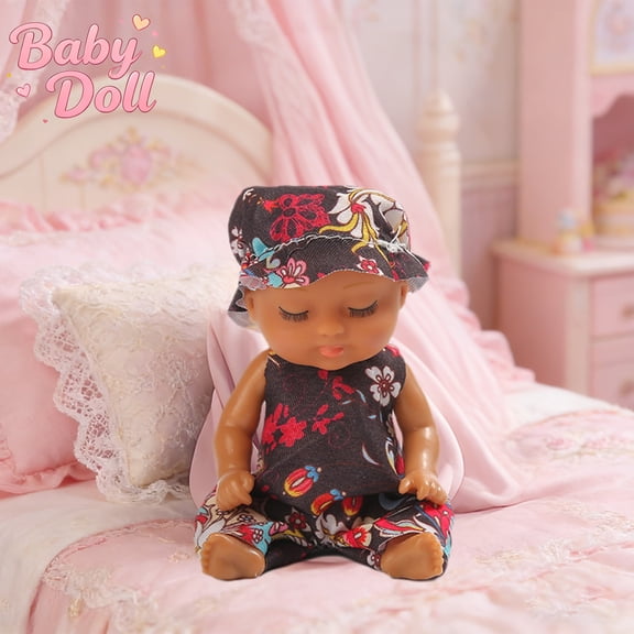 Realistic Sleeping African American Black Mini Reborn Baby Doll,Vinyl Doll with Floral Outfit&Hat,Adjustable Poseable Limbs Play Toy,Cuddly Christmas Birthday Gift for Toddlers Kids Boys Girls Ages3