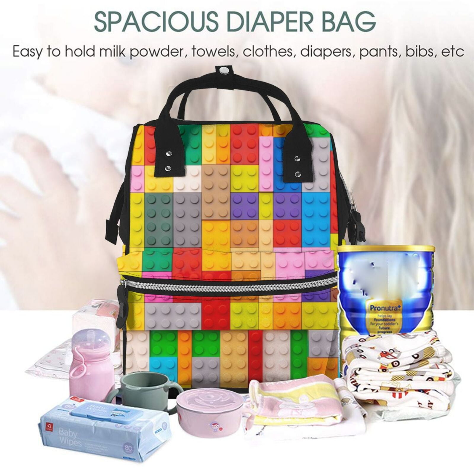 Ratiio Colorful Plastic Blocks Pattern Mummy Backpack - Waterproof Twill Canvas, Large Capacity Diaper Bag with Multiple Pockets and Adjustable Straps