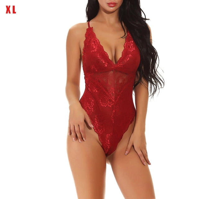 Sexy Jumpsuit Soft Cosplay Body Mono de tela con pantalla de encaje para mujeres adultas, rojo vino, XXL AweSitey XX000036-56