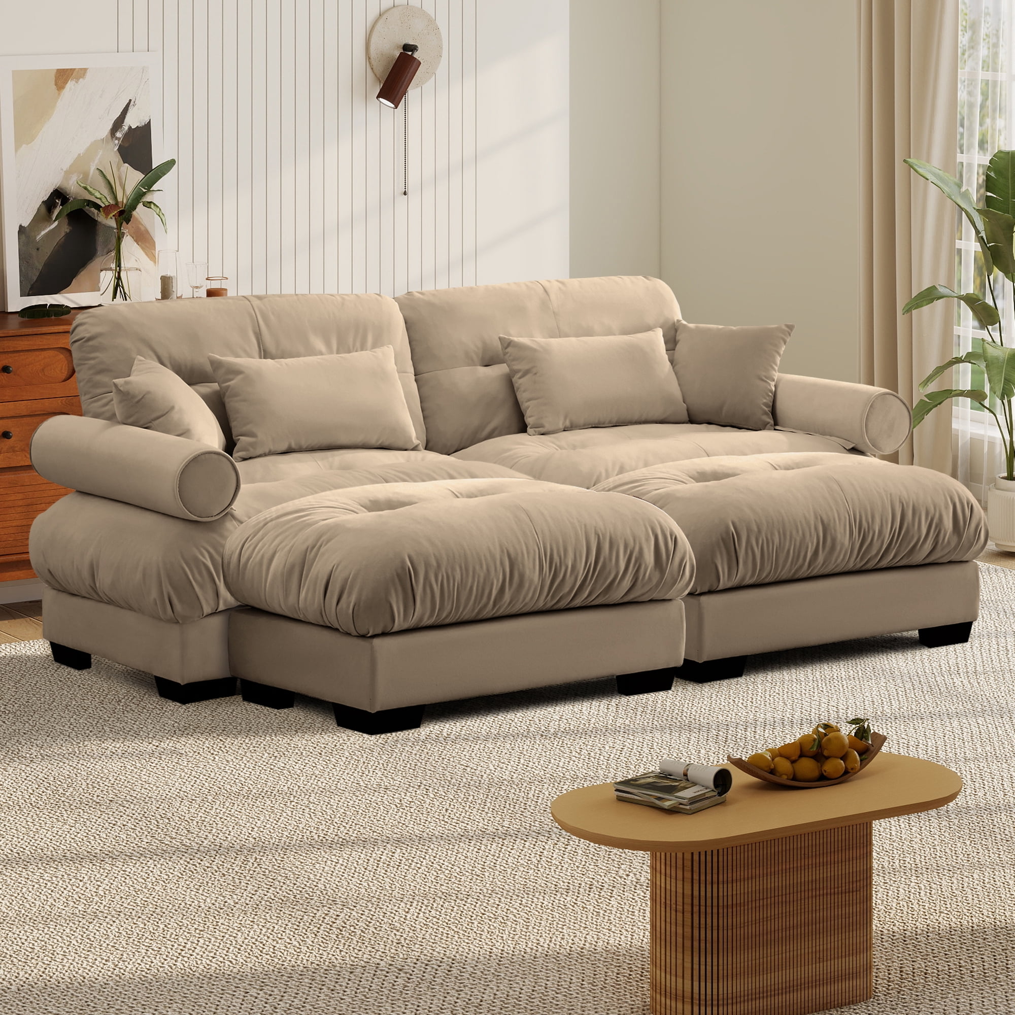 FFH Loveseat with Chaise, 93.7" Oversized U Shaped Cloud Sofa, Modular Sectional Sleeper Sofa with Bolstered Armrests (Velvet Camel, 2 Seater with 2 Ottomans)