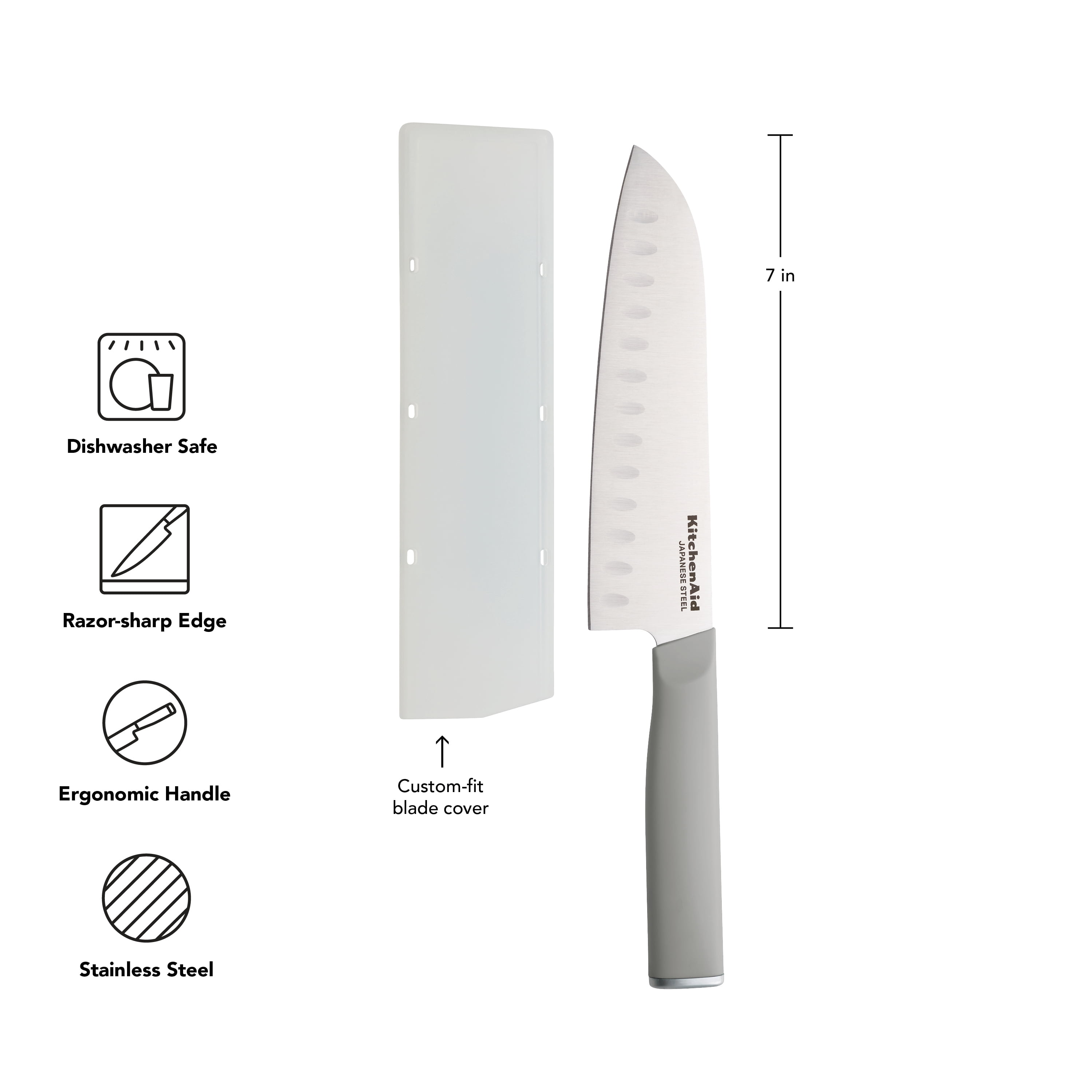 KitchenAid Classic 7-Inch Santoku Knife with Blade Cover, High-Carbon Japanese Steel, Gray Handle