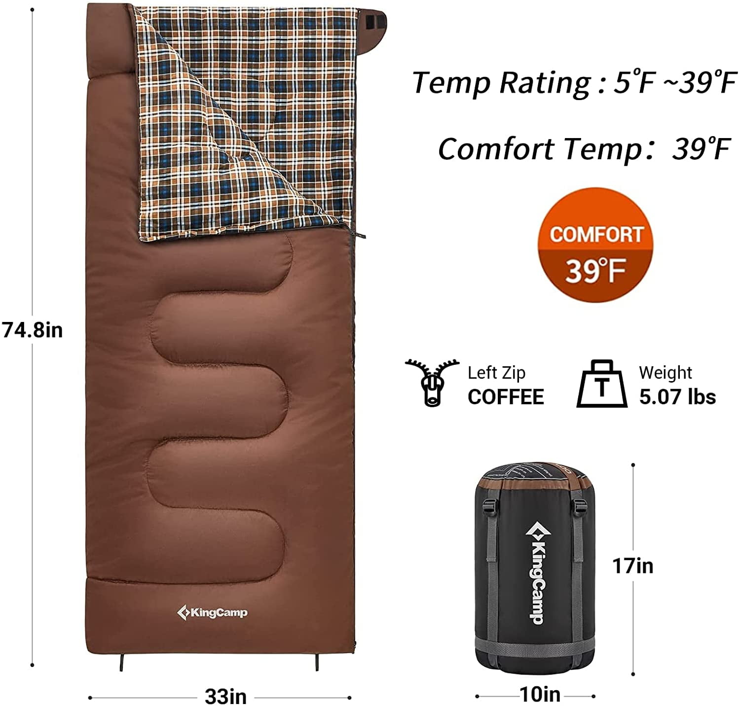 KingCamp XL Lightweight Cotton Flannel Sleeping Bags, Oversized  Envelope Sleeping Bag for Adults for Backpacking & Camping, 5.07LBS ,Left (Coffee)