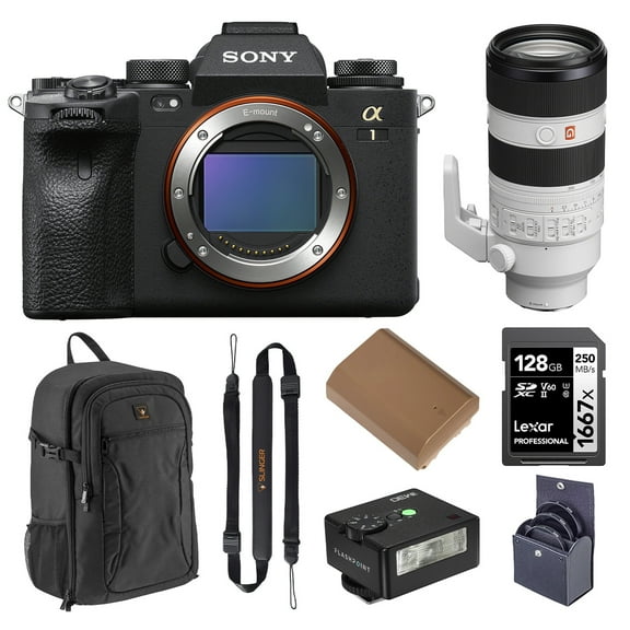 Sony Alpha 1 Mirrorless Camera, Bundle with FE 70-200mm f/2.8 GM OSS II G Lens, Alpine 200 Backpack, 128GB UHS-II SDXC Memory Card, Extra Battery, 77mm Filter Kit, iM30 Mini Flash, Quick Release