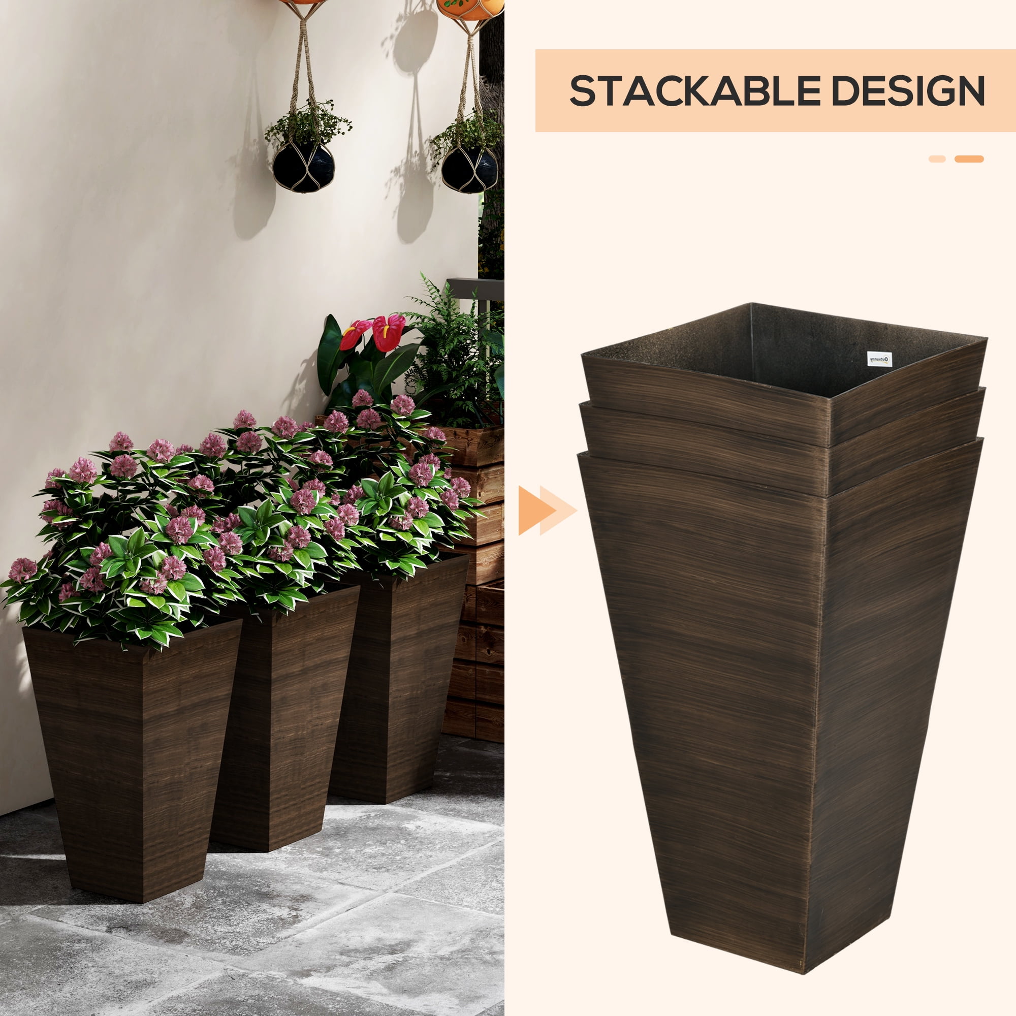 Outsunny Set of 3 Tall Outdoor Planters w/ Drainage Holes, Brown
