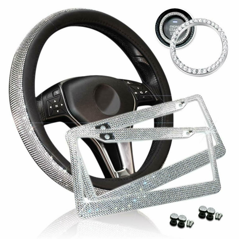 NBTEPEM 27 Pcs Bling Car Accessories Set for Women, Steering Wheel Covers Universal Fit 15 inch, License Plate Frame, Phone Holder, Bling Car
