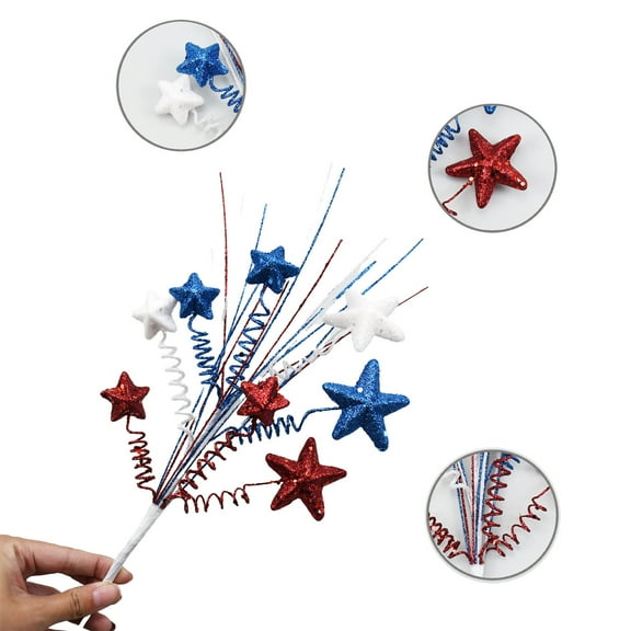 Qocolhg 2 Pcs 4th of July Glitter Puffy Star Picks Americana Sparkly Red White Blue Patriotic Decor Foam Star Sticks for Memorial Day National Day Independence Day Party Table Centerpieces Decoration