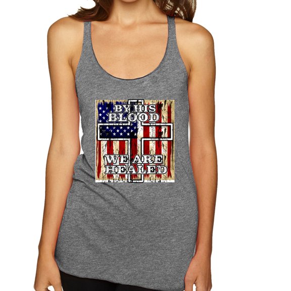 By His Blood We Are Healed Inspirational/Christian Tri-Blend Racerback Tank Top, Premium Heather, Medium