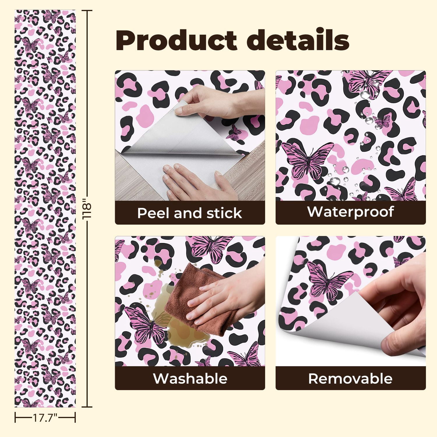 Peel and Stick Wallpaper Pink Black Leopard Print Pink Butterflies Botanical Wall Mural 17.7in x 9.8ft Self Adhesive Removable Wall Paper Renter Friendly Wallpaper for Nursery Bedroom Cabinets