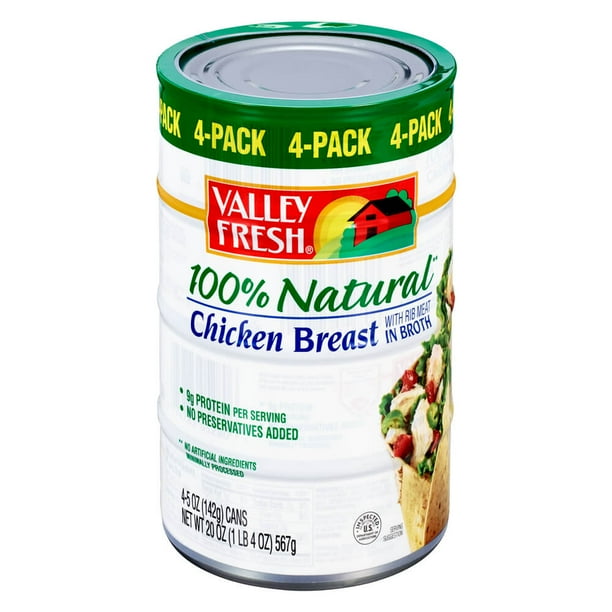 (4 Pack) Valley Fresh 100 Natural Canned Chicken Breast with Rib Meat in Broth, 5 oz Walmart