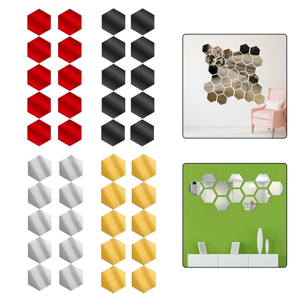 yaaqii 24pcs Golden Hexagon Mirror Wall Acrylic Self no glud Mosaic Tiles Stickers