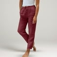 thumbnail image 5 of KPOPLK Woman Within Linen Pants Tall Cotton Linen Elastic Waisted Drawstring Button Casual Summer Cropped Trousers with Pockets Size L,Wine, 5 of 5