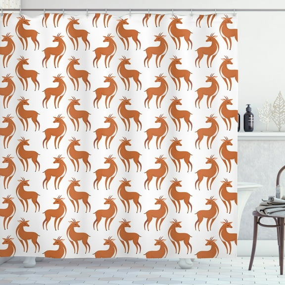 Antelope Shower Curtain, Repetitive Animal Silhouettes in Cartoon Style on a Plain Backdrop, Fabric Bathroom Set with Hooks, 69W X 84L Inches Extra Long, Pale Cinnamon and White, by Ambesonne