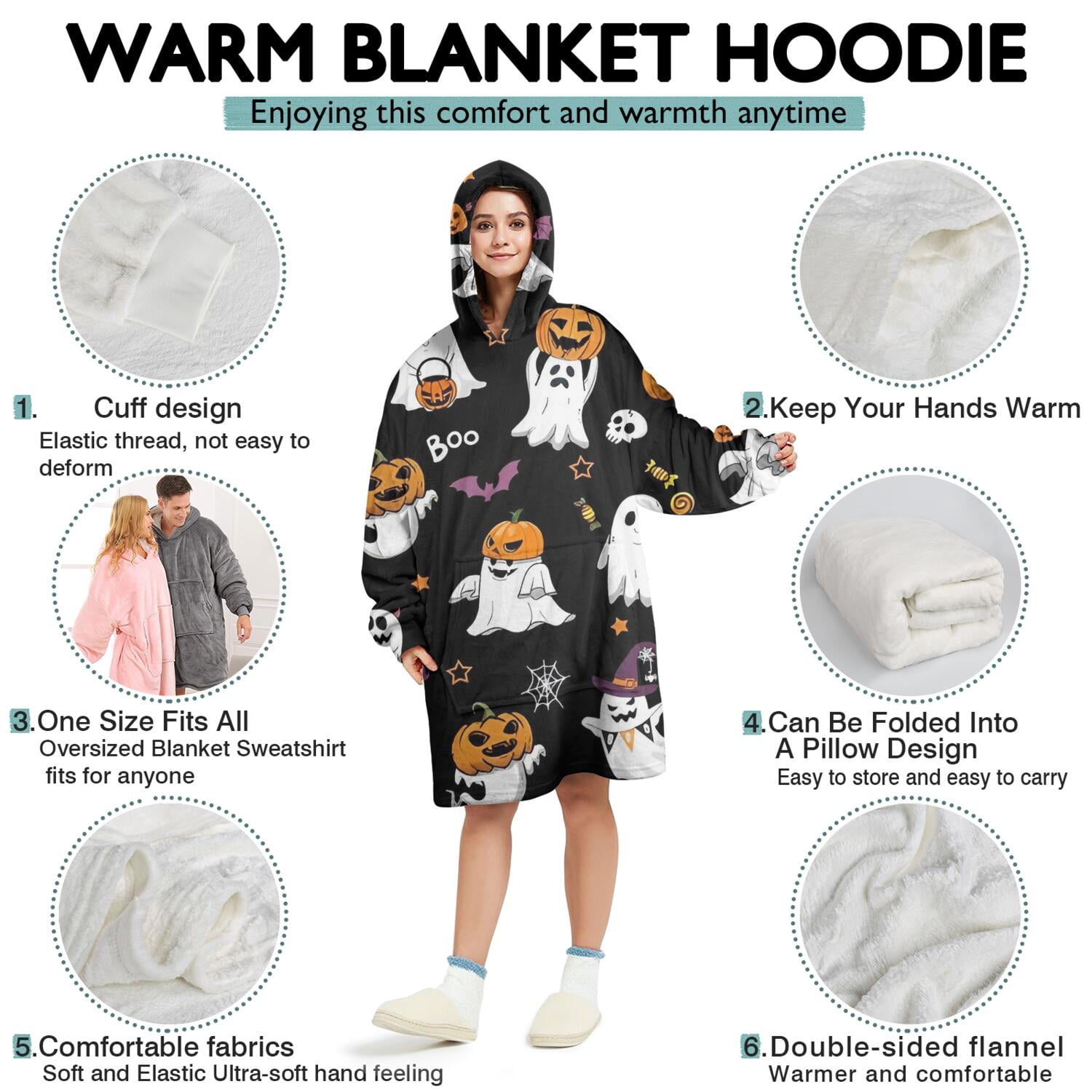Wearable Oversized Blanket,Black Halloween Ghosts and Pumpkins Wearable Blanket Hoodie for Adults,Cozy Hooded Blankets with Super Pockets,Super Warm Fuzzy Pullover for Women & Men