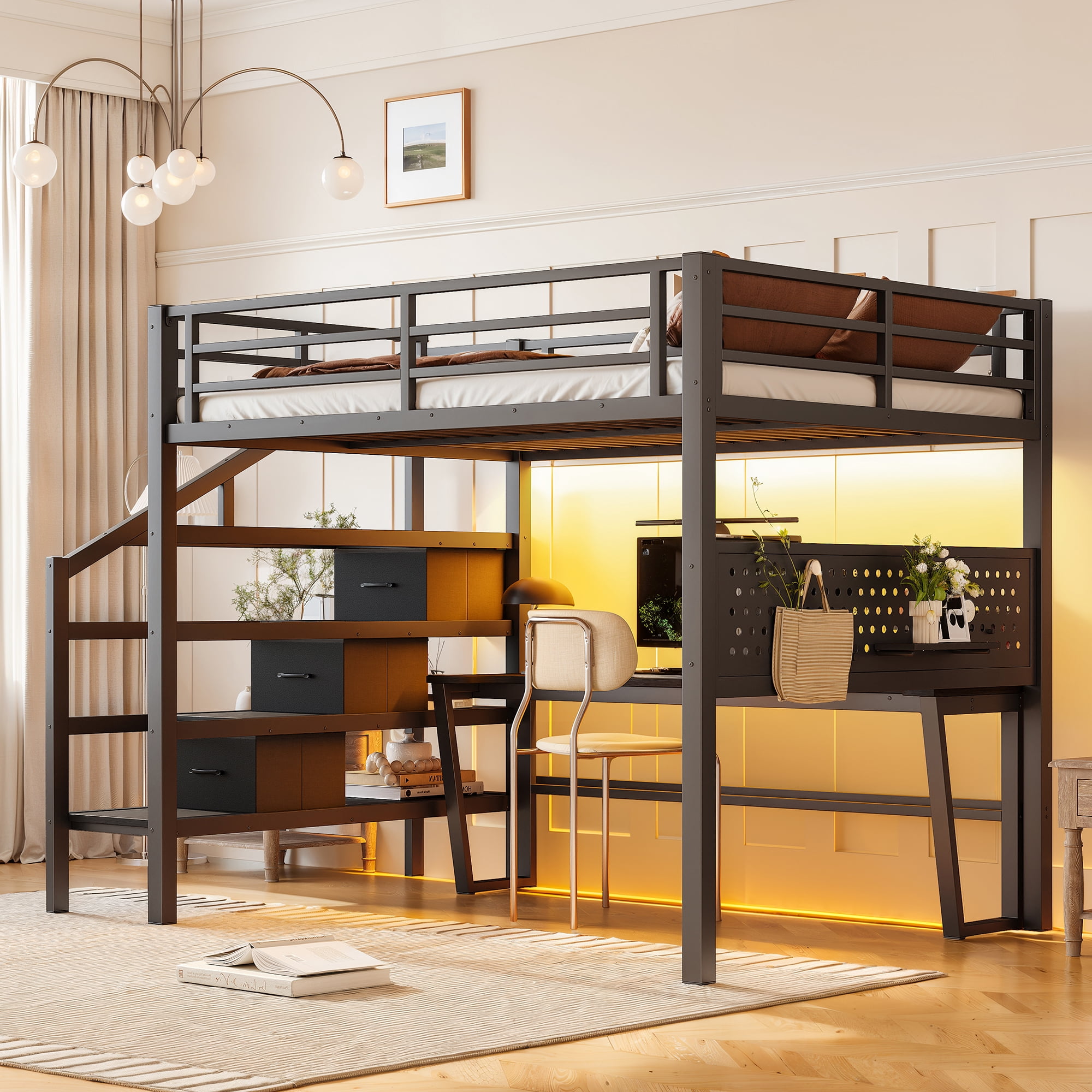 Leumius Full Size Loft Bed with Storage Stairs and Movable Desk with USB,Metal Loft Bed Frame with 3 Fabric Drawers and LED, Full-Length Guardrail and Pegboard,Black