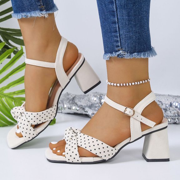 Willtoo Women's Heeled Sandals Polka Dots Comfortable Strappy Block Heels Sandals Dressy Ankle Strap Open Toe Party Shoes