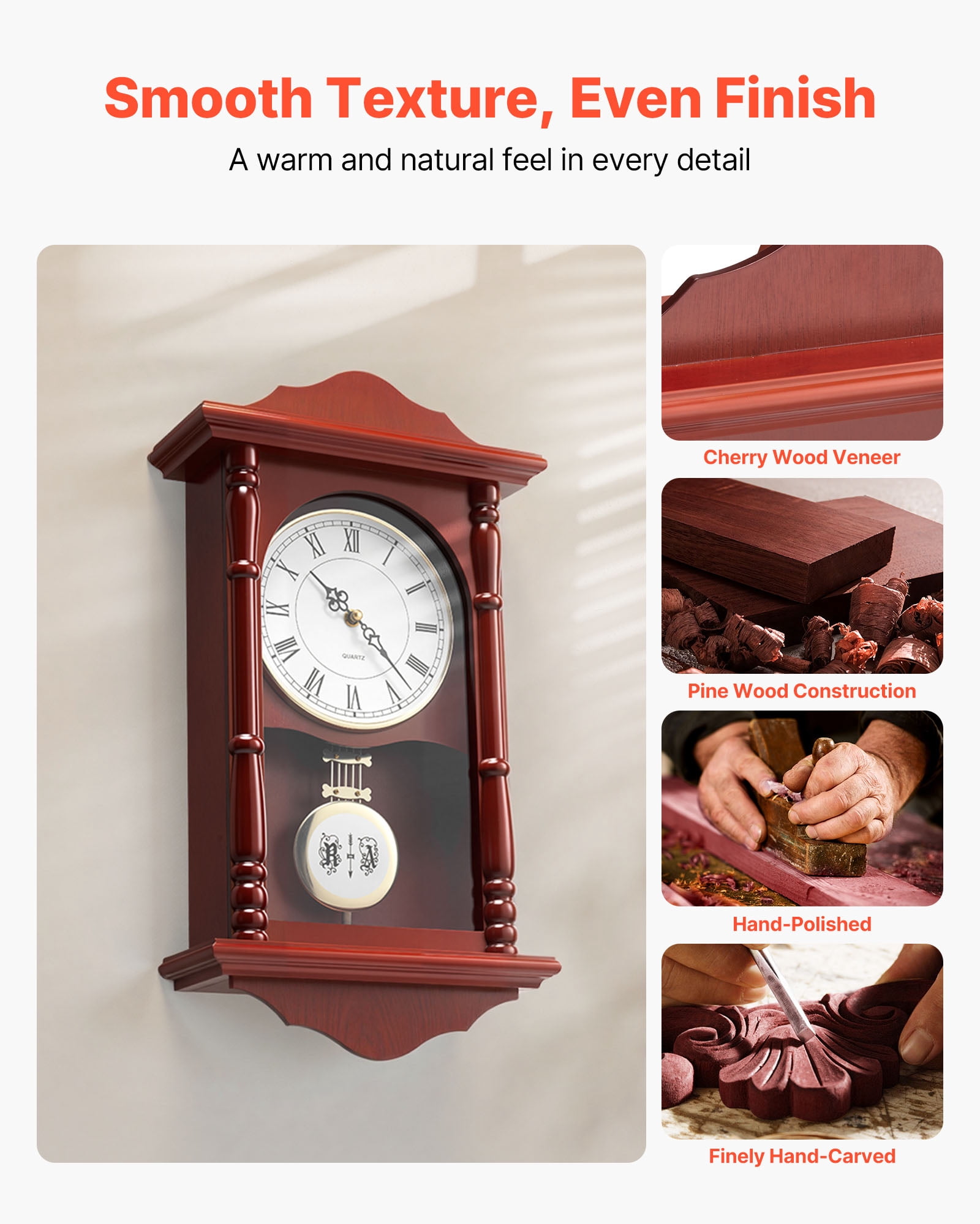 VEVOR Grandfather Clock, 18 in Classic Vintage Pendulum Clock, Pine Wood & MDF Wall Clocks with Quartz Movement and Quiet Design, for Living Room, Bedroom, Home Decor, and Gift (Cherry Tone Finish)