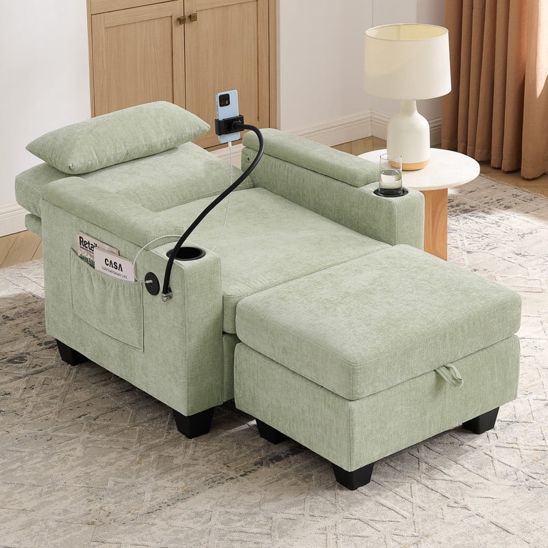 2PCS Single Sofa w/ Storage Ottoman Set, Chaise Lounge w/ Adjustable Backrest, Armchair Sleeper w/ Cup Holder & Phone Holder