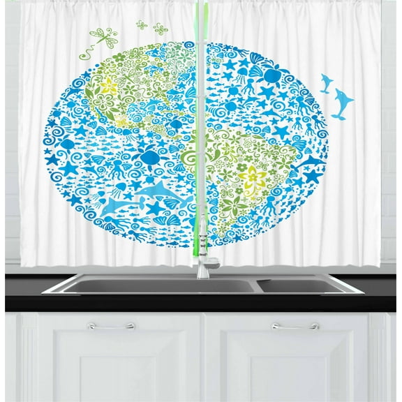 Animals Curtains 2 Panels Set, Sketch of Planet Continent and Ocean Designed with Animal Figures for Ecology, Window Drapes for Living Room Bedroom, 55W X 39L Inches, Green and Blue, by Ambesonne