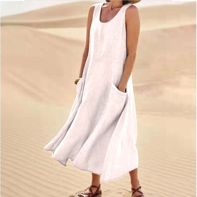 WILLBEST Vestidos De Verano Vestido Largo Informal De Lino De Color Liso Sin Mangas Con Cuello Redondo Y Bolsillos Para Mujer