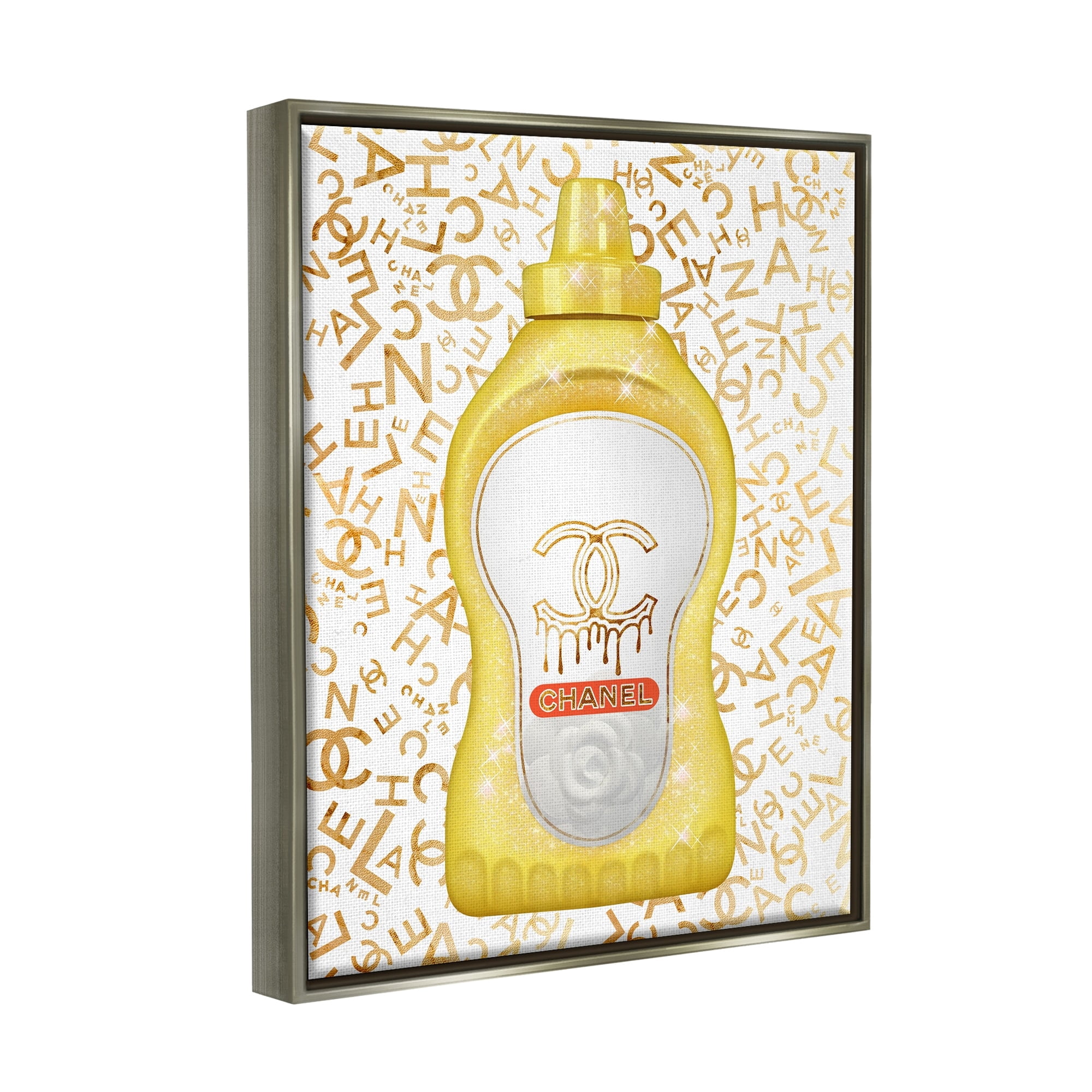 Stupell Industries Glitzy Fashion Bling Kitchen Condiment Mustard Bottle Graphic Art Luster Gray Floating Framed Canvas Print Wall Art, Design by Ziwei Li