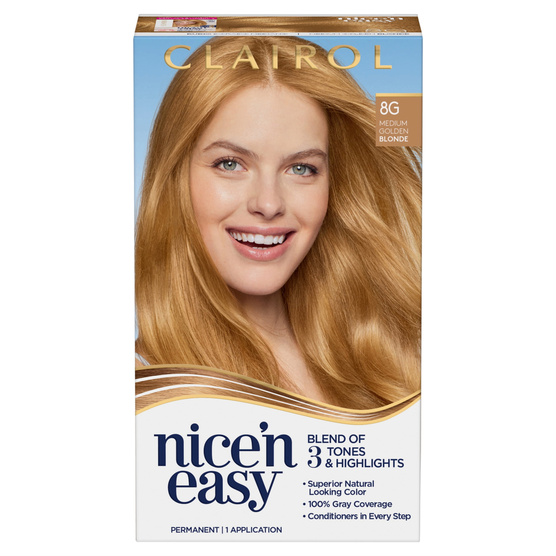 Clairol Nice'n Easy Permanent Hair Color Creme, 8G Medium Golden Blonde, 1 Application, Hair Dye Clairol Nice'n Easy Permanent Hair Color Creme, 8G Medium Golden Blonde, 1 Application, Hair Dye