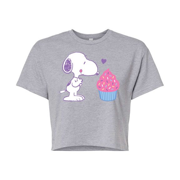Peanuts - Snoopy Heart Cupcake - Juniors Cropped Cotton Blend T-Shirt