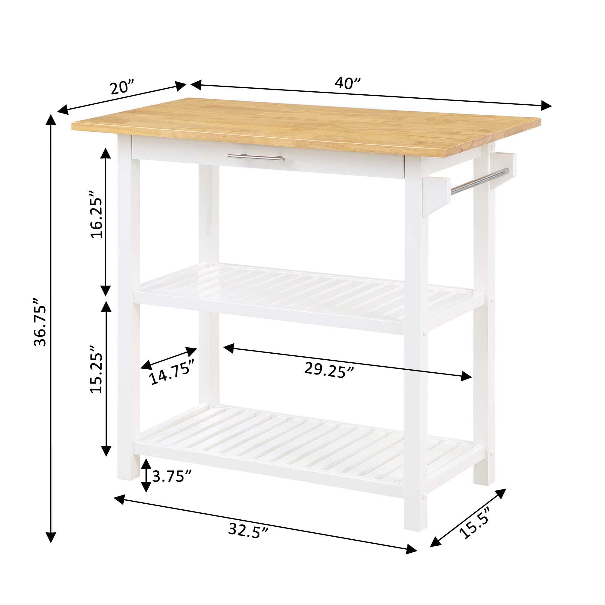 Convenience Concepts Designs2Go 3 Tier Butcher Block Kitchen Prep Island with Drawer, White/Butcher Block