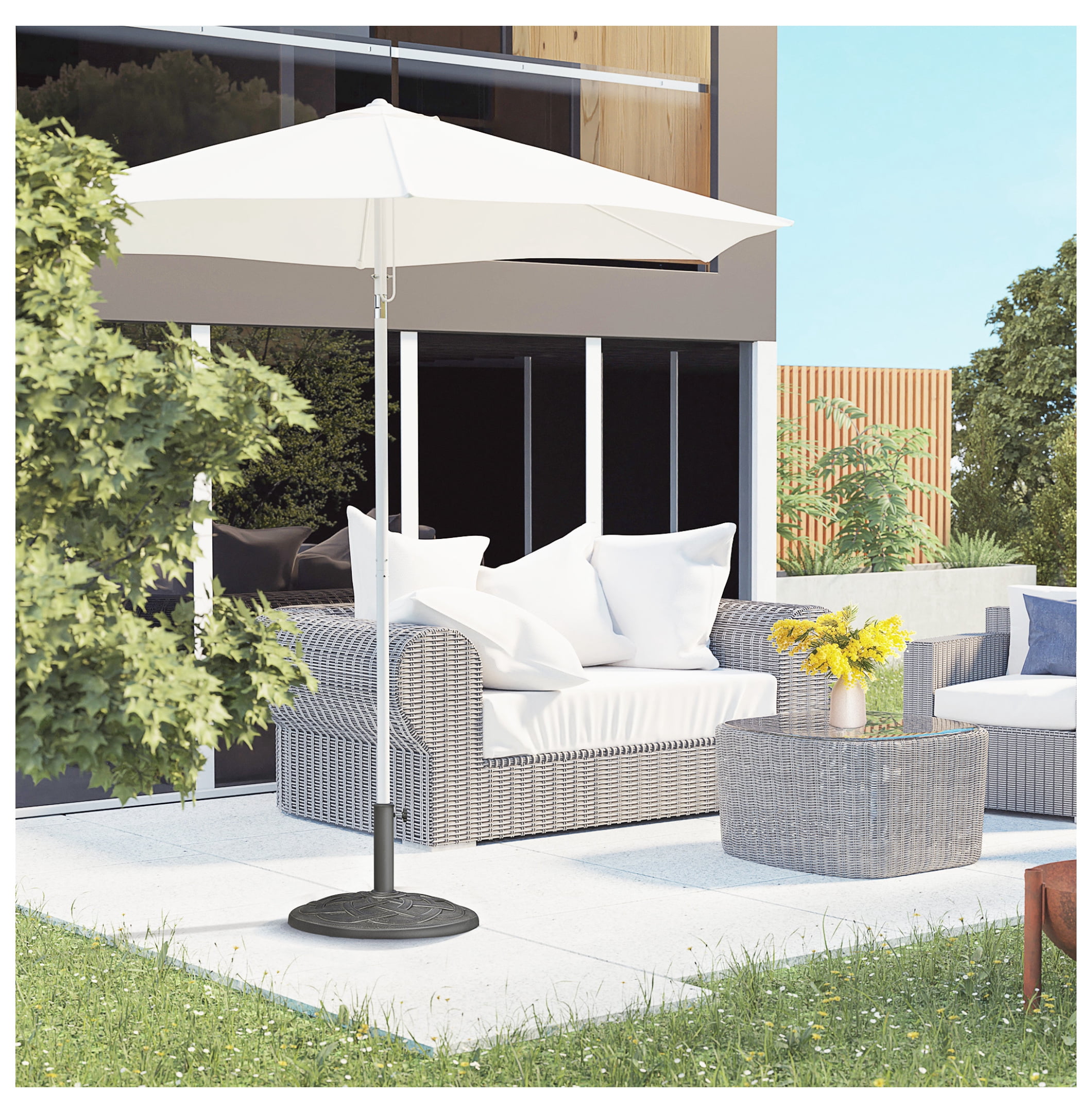 22" 42 lbs Round Resin Umbrella Base Stand Parasol Holder with Beautiful Decorative Pattern & Easy Setup, for Φ1.5", Φ1.89" Pole, for Lawn, Deck, Backyard, Garden, Bronze