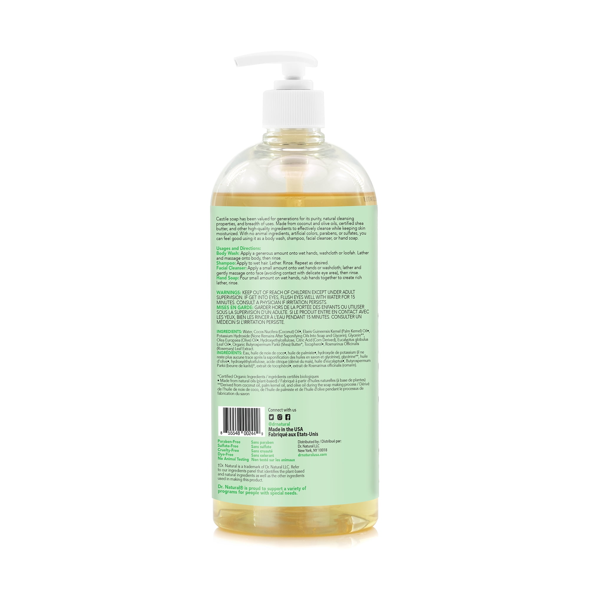 Dr. Natural Pure Castile Liquid Soap, Eucalyptus, 32 oz. with Pump