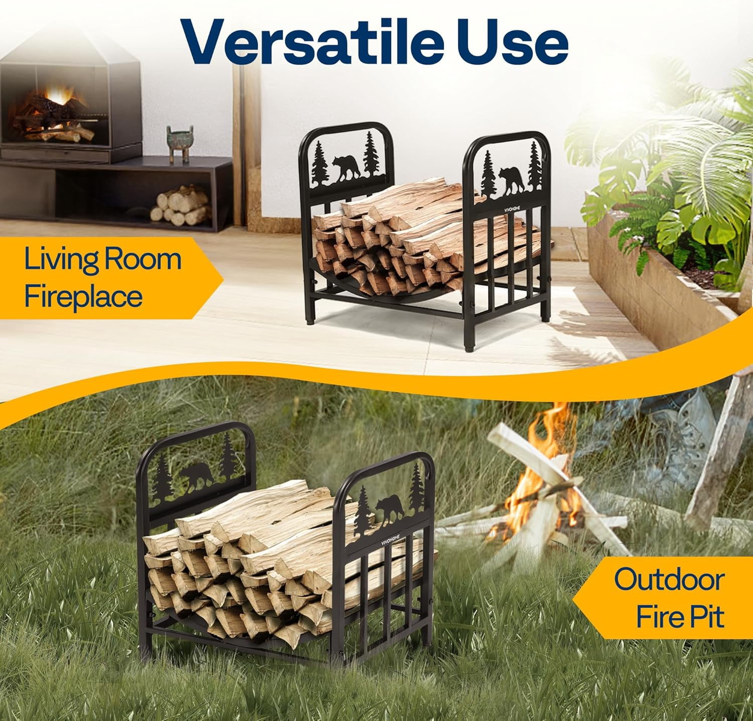 SPECSTAR 16.5 in Decorative Firewood Storage Log Rack with Bear Pattern, Solid Wrought Iron Fireplace Wood Holder Stacker, Indoor Outdoor Waterproof Rustproof