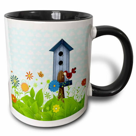 3dRose Red Bird and a Blue Birdhouse in a Sweet Garden of Flowers, Two Tone Black Mug, 11oz