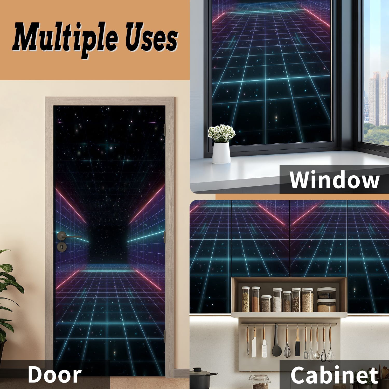 Self Adhesive Vinyl Refrigerator Wrap Set Vaporwave retro Abstract grid tunnel Door Mural Removable Fridge Sticker Peel and Stick&nbsp;Full Door Cover Decal Kitchen Bar Decor
