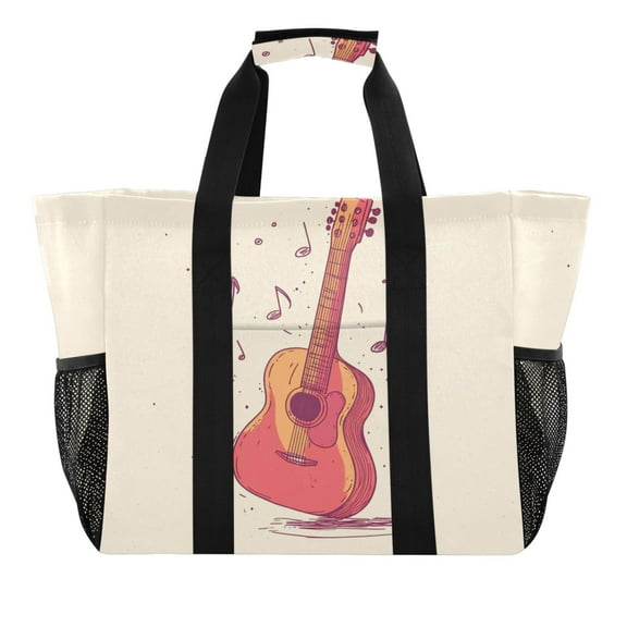 Reusable Grocery Bags with Handle Side Pocket Waterproof Shopping Portable Tote Guitar and Notes