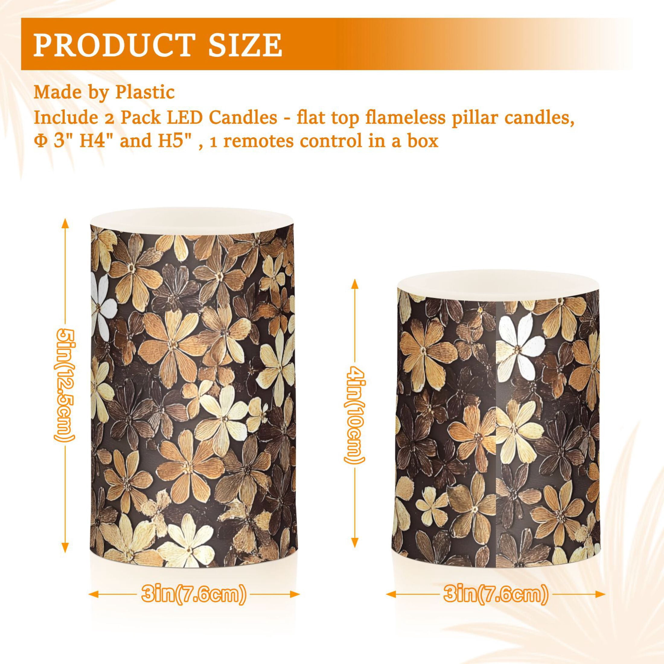 Brown Beauty Flowers Flickering Flameless Candles Battery Operated with Remote Timer LED Pillar Candles Set of 2