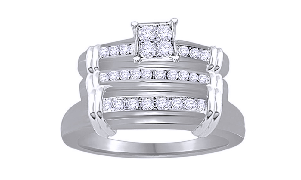 AFFY White Natural Diamond Engagement & Wedding Trio Band Ring Set In 10k White Gold (0.5 Cttw)